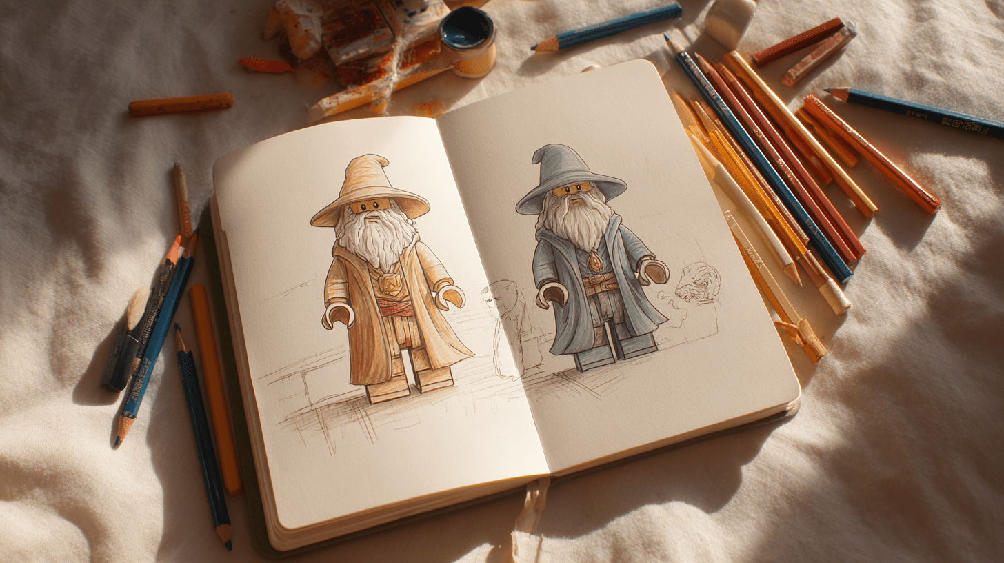 Sketchbook spread with two LEGO-style wizard minifigs standing as live models