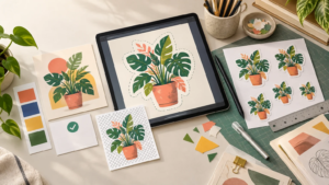 Overhead view of a bright design workspace with a tablet showing a potted-leaf illustration surrounded by a dashed sticker cut line, alongside matching printed sticker sheets, a color-swatch card, cutting mat, stylus, ruler, craft knife, paper scraps, and potted plants.