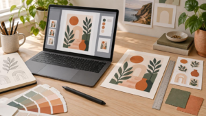 Sunlit creative workspace with a laptop showing a botanical art layout beside a matching art print, sticker sheet, sketchbook, color swatches, ruler, stylus, and paintbrushes.