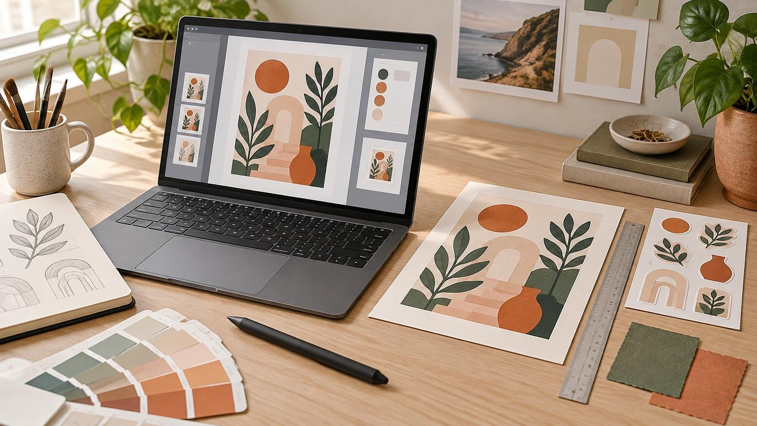Sunlit creative workspace with a laptop showing a botanical art layout beside a matching art print, sticker sheet, sketchbook, color swatches, ruler, stylus, and paintbrushes.
