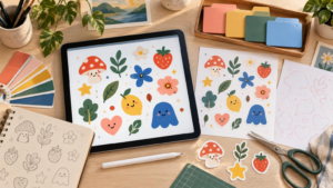 Overhead view of a warm creative workspace with a tablet displaying colorful original-style kawaii sticker illustrations, alongside printed sticker sheets, sketchbook drawings, color swatches, scissors, a stylus, and cut-out stickers.