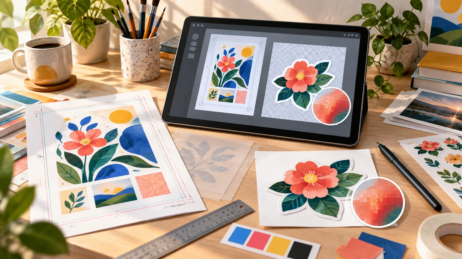 Sunlit creative workspace with a tablet showing a floral print layout beside a flower sticker on a checkerboard background, matching printed sheets with trim guides, a pixelated color circle, swatches, ruler, stylus, brushes, and tape.