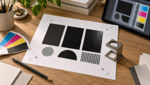 Print-preparation workspace with a sheet of black ink and pattern samples, crop and registration marks, CMYK color swatches, a magnifier, pencil, brushes, and a tablet showing a simple color layout.