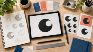 Top-down view of a wooden design workspace with a tablet displaying a bold black circular crescent-like symbol, a sketchbook of construction studies, matching sticker and print variations, color swatches, pens, ruler, coffee, and plants.
