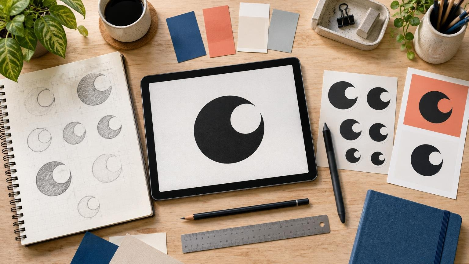 Top-down view of a wooden design workspace with a tablet displaying a bold black circular crescent-like symbol, a sketchbook of construction studies, matching sticker and print variations, color swatches, pens, ruler, coffee, and plants.