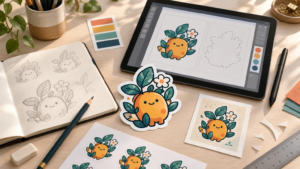Sunlit creative desk with a tablet displaying a citrus-and-leaf sticker design and cutline outline, alongside sketchbook studies, a finished die-cut sticker, a printed sticker sheet, color swatches, pencil, stylus, and ruler.