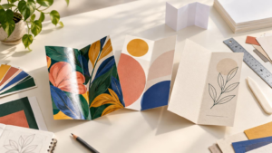 Sunlit desktop with three folded brochure samples showing glossy botanical artwork, matte geometric artwork, and a textured cream cover with a leaf drawing, surrounded by paper swatches, a ruler, pencil, and stacked paper.