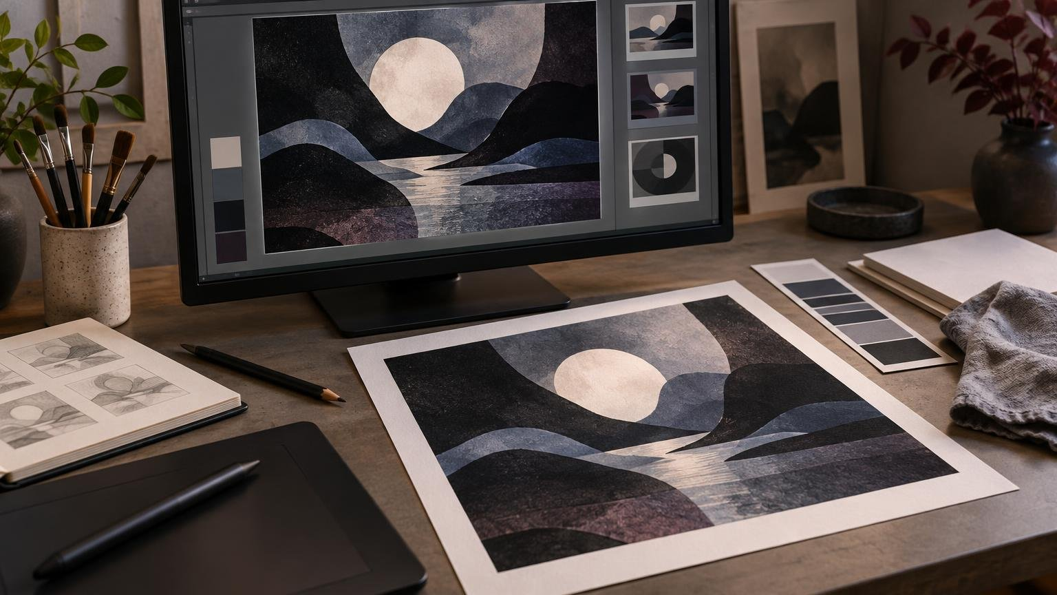 Creative print-preparation workspace with a monitor showing a dark abstract landscape, a matching art print on the desk, grayscale swatches, brushes, sketchbook, and drawing tablet.