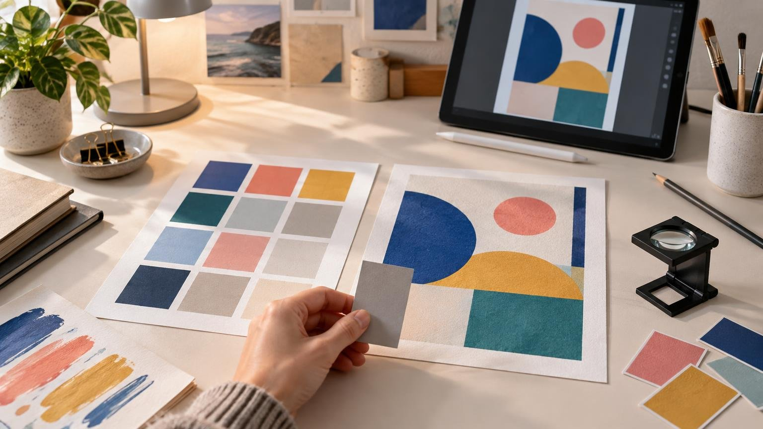 Warm creative workspace with printed geometric color artwork, a grid of color swatches, loose sample chips, painted test strokes, a magnifier, and an unbranded drawing tablet showing a matching abstract design.