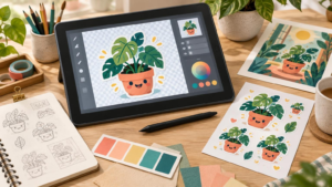 Tablet displaying a smiling potted-plant sticker illustration beside a printed sticker sheet, pencil sketches, color swatches, stylus, art supplies, and houseplants on a wooden desk.