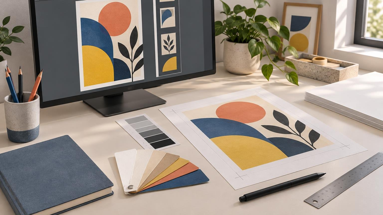 Sunlit design workspace with a monitor showing a geometric botanical poster, matching printed artwork with trim marks, paper color swatches, pencils, a stylus, ruler, sketchbook, and potted plants.