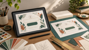 Warm creative workspace with a tablet and matching printed botanical certificate layout, surrounded by paintbrushes, color swatches, a cutting mat, ruler, stylus, sketchbook, blank paper stack, and textured paper samples.