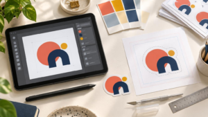 Overhead view of a bright design workspace with a drawing tablet displaying a coral circle, navy arch, and small gold dot logo, alongside matching sticker proofs, color swatches, a stylus, craft knife, ruler, and paper layout sheet with a dashed cut line.