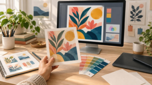 A hand holds a muted botanical art print beside a desktop monitor showing the same colorful floral design, with color swatches, a sketchbook, stylus tablet, brushes, and blank paper on a sunlit desk.