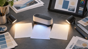 Creative print-preparation desk with three textured white paper sheets under a central lighted measuring device, flanked by small lamps, color swatches, a tablet showing a color interface, brushes, and a ruler.