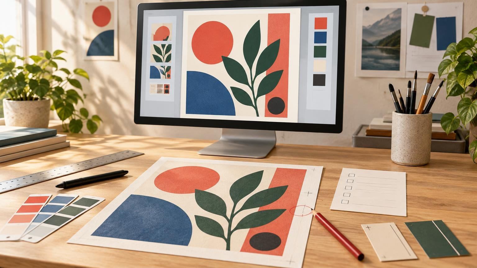 Sunlit print-preparation workspace with a monitor displaying a bold botanical layout, a matching paper proof with crop marks and a red circled detail, color swatches, ruler, pen, checklist, and paintbrushes on a wooden desk.